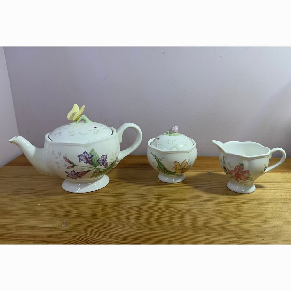 Lenox Butterfly Meadow 3 Pc Tea Set Teapot Creamer Sugar Bowl Floral